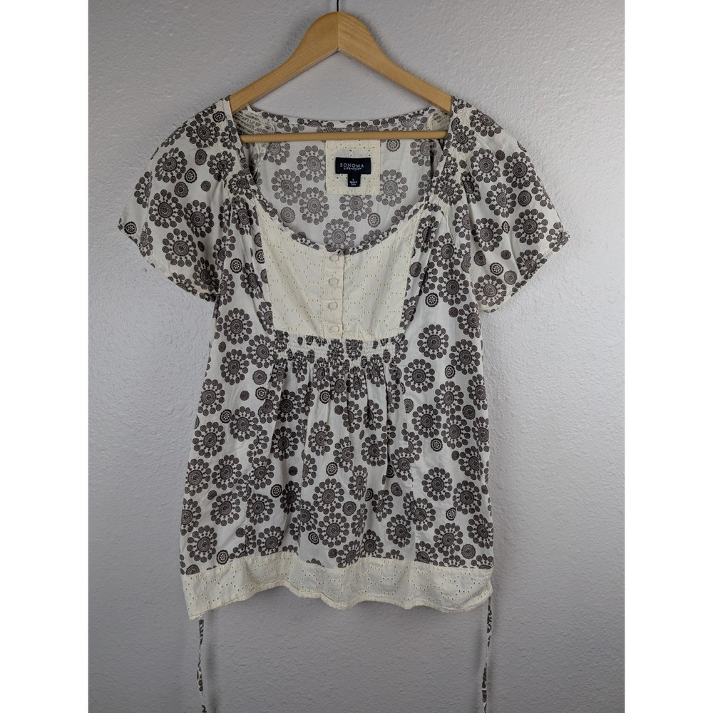 Sonoma Shirt‎ Women's Sz L Cottage Tie Back Relaxed Summer Eyelet 189